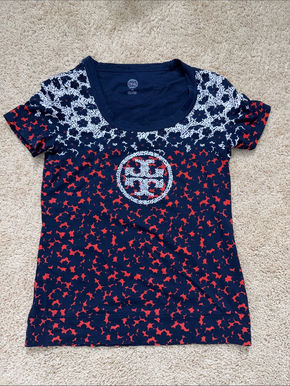 Tory Burch Navy & Red Patterned Tee with Decorative Tory Burch Emblem XS